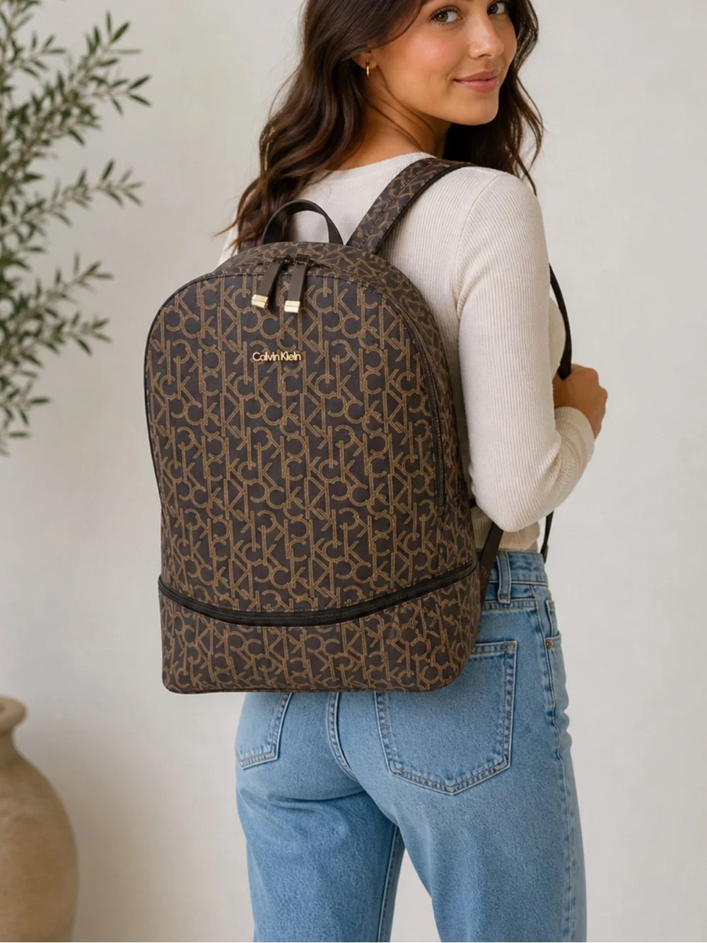 Calvin‎ Klein Elaine Signature Brown Monogram Key Item Flap Large Backpack